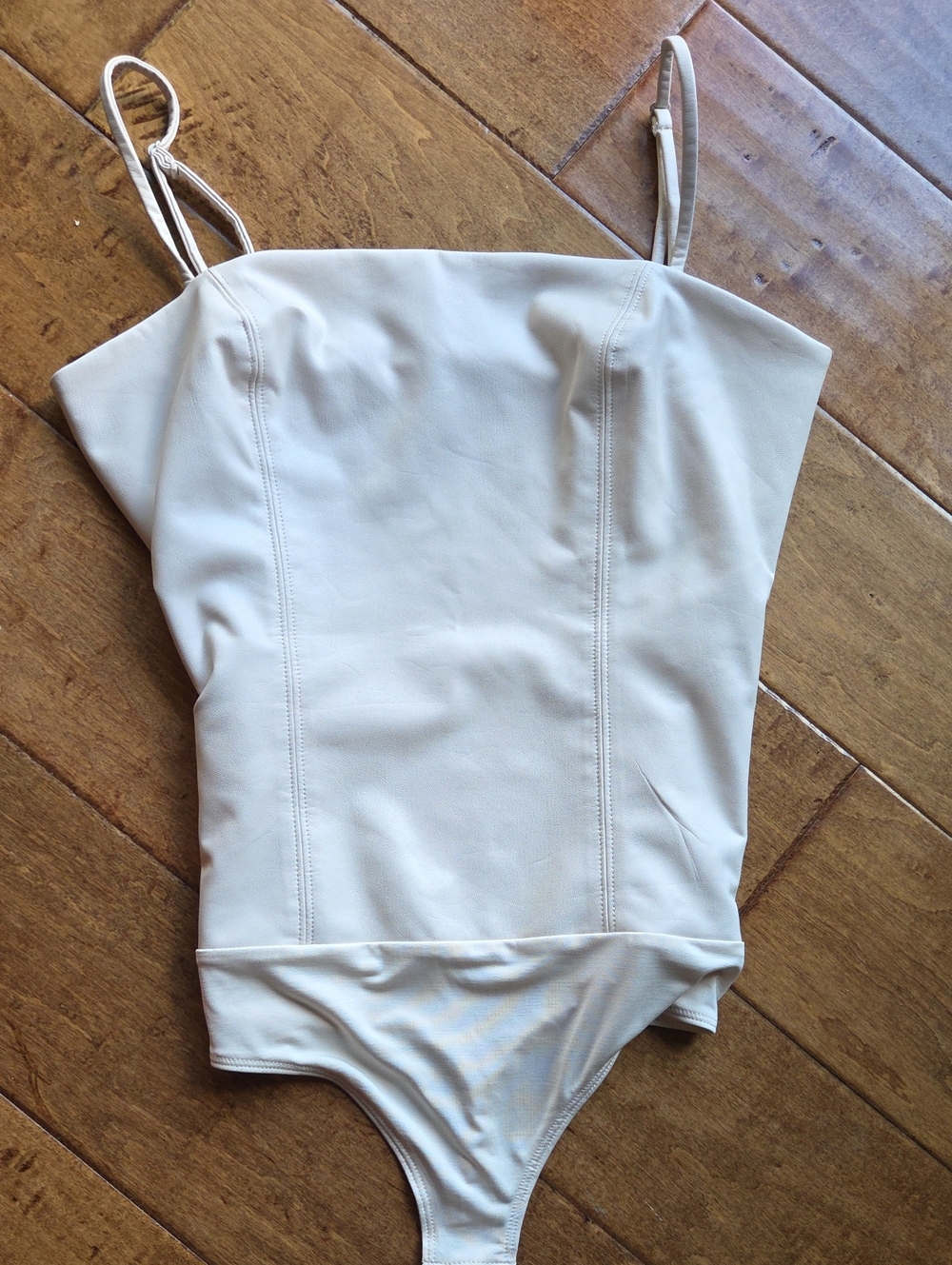 Express BODY CONTOUR Cream Faux Leather Bodysuit with Adjustable Straps